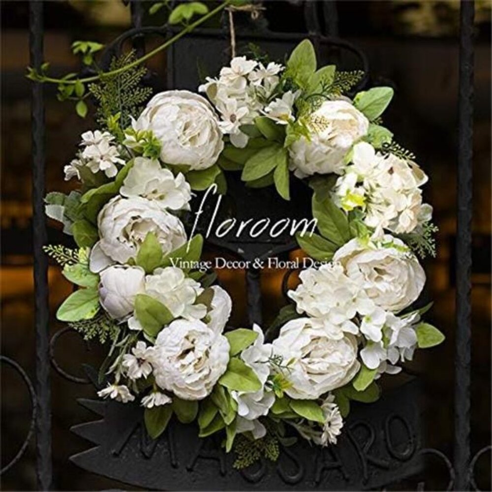 Floral Wreath,Door Wreath,Artificial White Peony Wreath for Front Door 15''-16''
